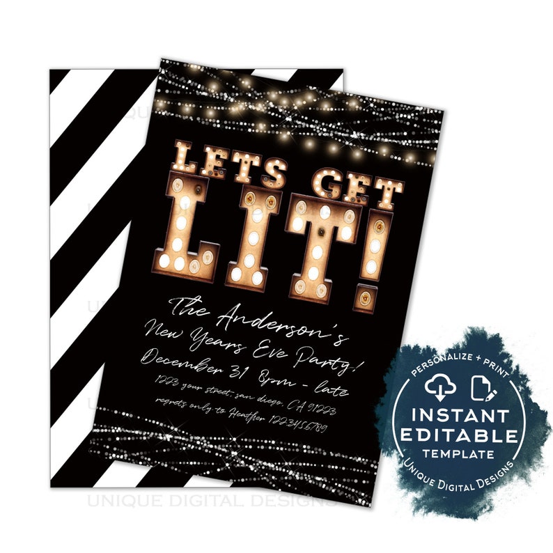 Editable Let's Get Lit New Years Eve Party Invitation, Lets Get Drunk Holiday Party Celebrate Marquee Lights, Printable Adult INSTANT ACCESS INVITE ONLY