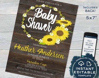 Sunflower Baby Shower Invitation, Editable Rustic Sunflower Invite, Rustic Baby Girl Boy Sunflower Theme, Printable Custom INSTANT ACCESS