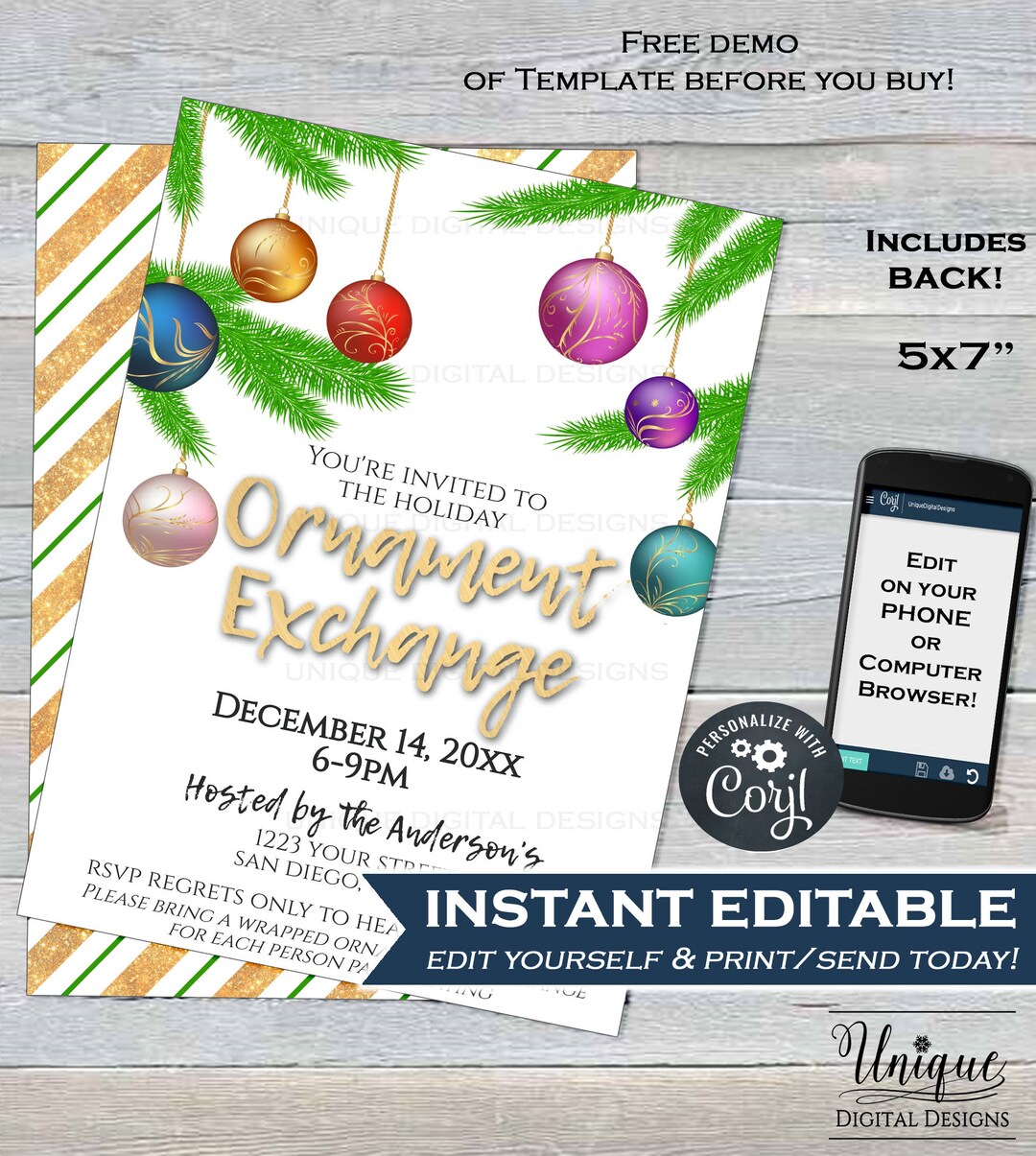 Ornament Exchange Invitation Editable Christmas Ornament Etsy