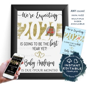 Bearbeitbares Neujahrs-Schwangerschafts-Ankündigungsschild, Foto-Requisiten-Poster zur Baby-Enthüllung 2021, druckbare Vorlage für Silvester. Digitaler SOFORTZUGANG