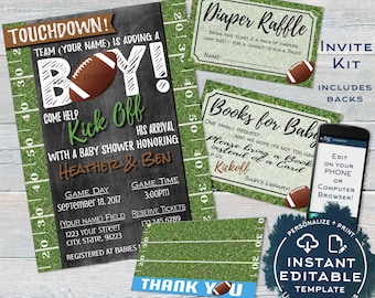 Football Baby Shower Invitation Kit, Editable Diaper Raffle Book for Baby Boy Thank You Touchdown Chalkboard Printable INSTANT ACCESS USFT