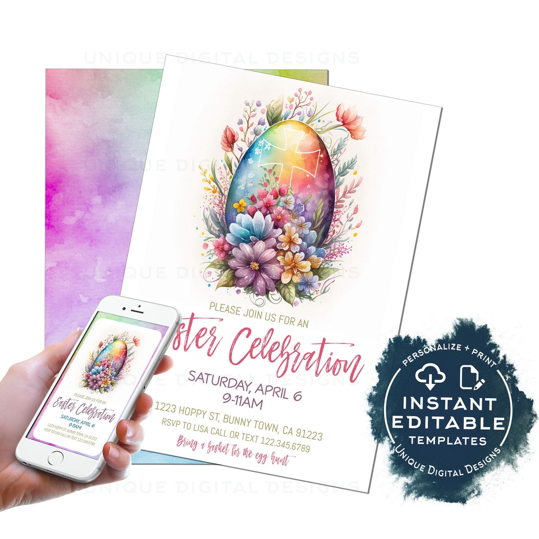 Editable Easter Celebration Invitation, Easter Egg Hunt Party Invite ...
