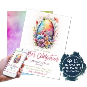 Editable Easter Celebration Invitation, Easter Egg Hunt Party Invite, Pastel Easter Egg Brunch, Personalized Easter Bunny Spring diy INSTANT INVITES: Phone + 5x7