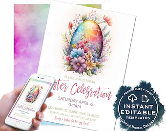 Editable Easter Celebration Invitation, Easter Egg Hunt Party Invite, Pastel Easter Egg Brunch, Personalized Easter Bunny Spring diy INSTANT