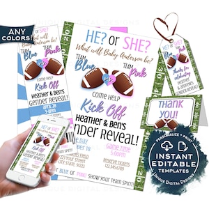 Kit de invitación de revelación de género de fútbol, invitación de boleto de baby shower con tema de fútbol editable, él o ella imprimible, equipo azul equipo rosa INSTANTE