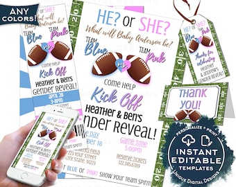 Football Gender Reveal Invitation Kit, Editable Football Theme Baby Shower Ticket Invite, He or She Printable, Team Blue Team Pink INSTANT
