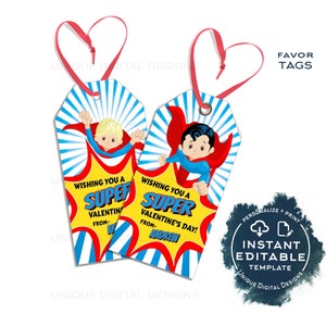 Valentinstags-Superhelden-Geschenkanhänger, bearbeitbare Jungen-Super-Non-Candy-Valentineskarte, Kinderklasse, Schule, Lehrerpersonal, druckbares Geschenk, SOFORTIGER ZUGRIFF
