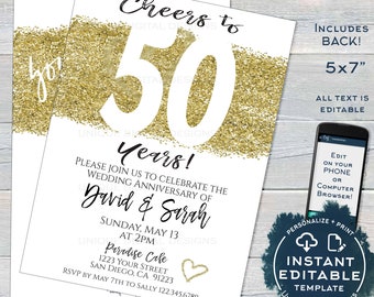 50 year Anniversary Invitation Fiftieth Golden Wedding Anniversary 50th Surprise Party Invite Custom Printable Template INSTANT EDITABLE 5x7