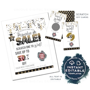 Cartoncini da grattare modificabili, Gratta e vinci stampabili per il branding di piccole imprese, Buono sconto per il Black Friday, Vendita scontata per i clienti IMMEDIATO