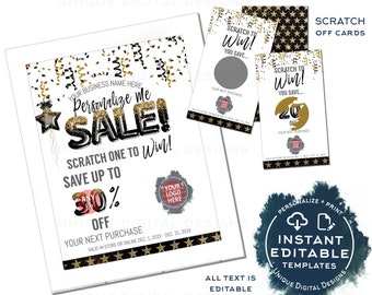 Editable Scratch Off Cards, Printable Scratch to Win Small Business Branding, Black Friday Discount Coupon, Customer Discount Sale INSTANT