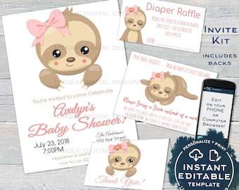 Sloth Baby Shower Invitation KIT, Editable Girls Sloth Baby Shower Invite Baby Sloth Diaper Raffle Books for Baby Printable INSTANT ACCESS