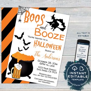 Invitación de Boos and Booze, invitación editable para fiesta de Halloween, fiesta de disfraces de Boo and Brews Beer Spooktacular, imprimible, personalizada, bricolaje, acceso instantáneo