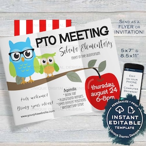 Può includere: Un volantino stampabile per un incontro della PTO presso la scuola elementare Solana. Il volantino presenta una mela rossa, due gufi e il testo "PTO Meeting Solana Elementary meet in the auditorium Thursday, August 24 6-8pm". Il volantino include anche il testo "Kids welcome! Bring your ideas! www.yourptawebsite.com".