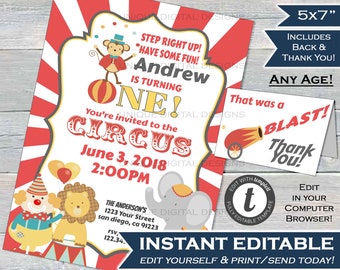 Circus Invitation Big Top Circus themed party Invite Step Right Up Have Fun Birthday ANY Age Custom Printable Template INSTANT EDITABLE 5x7