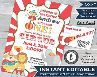 May include: A red and white circus-themed invitation for a first birthday party. The invitation features a monkey balancing on a ball, a clown, a lion, and an elephant. The text on the invitation reads "Step Right Up! *Have Some Fun! Andrew is turning One! You're invited to the Circus June 3, 2018 2:00PM".