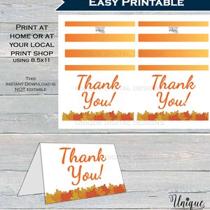 May include: Printable thank you cards with orange text and fall leaf border. The design includes the text "Thank You!" and is labeled "Easy Printable." The cards are designed to be printed at home or at a local print shop.