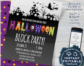 Halloween Block Party Invitation, Editable Street Party Invite, Neighborhood Costume Party Flyer, Backyard BBQ Printable INSTANT ACCESS
