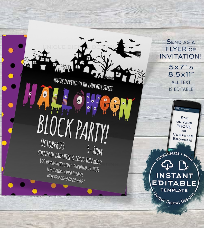 May include: Halloween block party invitation with a spooky haunted house design. The invitation includes the text "Halloween Block Party!" and event details. The invitation is 5x7" and 8.5x11" and is an instant editable template.
