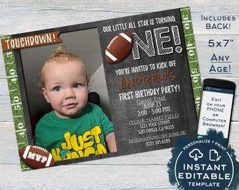 Football Birthday Invitation, Editable First Birthday Invite with photo, 1st Touchdown One Footy Chalkboard Printable INSTANT ACCESS UBFT