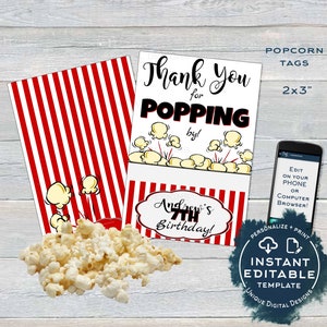 Popcorn Tag, Editable Popcorn Party Favor Labels, Food Tag Birthday Party Favor, Thank You for Poppin By Printable, Custom INSTANT ACCESS