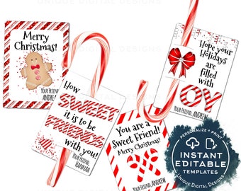 Candy cane Christmas Favors Tag, Kids Classroom Editable Christmas Thank You Cards, Printable Custom Teachers Template diy INSTANT ACCESS