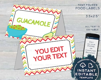 Editable Cinco de Mayo Food Cards, Salsa Guacamole Food Label, Birthday Fiesta theme Mexican Food Tent decoration Printable INSTANT ACCESS