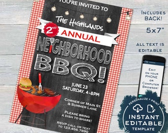 Neighborhood BBQ Invitation, Editable Backyard Summer Block Party Grill Out, hoa Community Street Party Printable Template INSTANT ACCESS