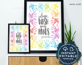 Editable Wash Your Hands Sign Printable for Kids, Personalized Teachers Classroom Decorations, Art Handprint School Clean PTA INSTANT ACCESS