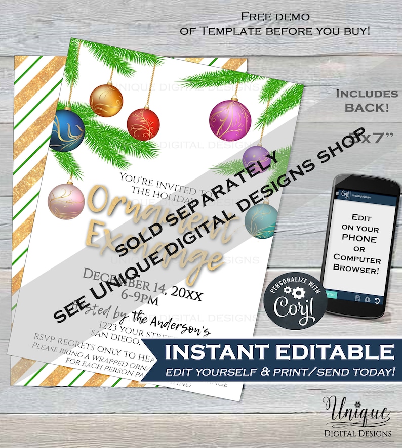 Ho Ho Ho Editable Ornament Swap Invite Holiday Party Decoration Gift Printable INSTANT ACCESS 5x7 Christmas Ornament Exchange Invitation