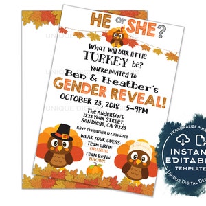 May include: A gender reveal invitation with a turkey theme. The invitation features the text "He or She?" and "What will our little turkey be?" with details for the event, including the date, time, and location.