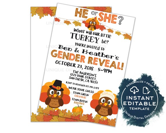 Little Turkey Gender Reveal Invitation, Editable Thanksgiving Baby Shower Sprinkle Fall Baby Invite He or She Printable decor INSTANT ACCESS