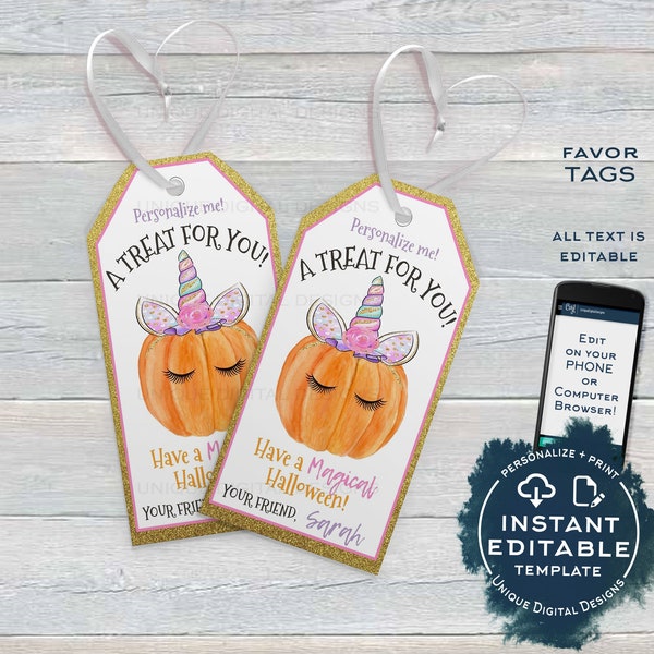 Editable Halloween Tags, Girls Unicorn Pumpkin Halloween Favor Tags, Magical Halloween Tag Trick or Treat Tags Goodie Bag Tag INSTANT ACCESS