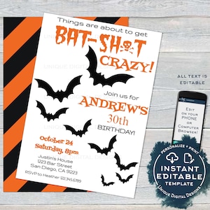 Puede incluir: Una invitación imprimible blanca con murciélagos negros y rayas naranjas y negras. El texto dice "Things are about to get BAT-SHOT CRAZY! Join us for Andrew's 30th Birthday! October 24 Saturday, 8pm Justin's House 1223 Bar Street San Diego, CA 91223 RSVP to Heather 122.345.6789".