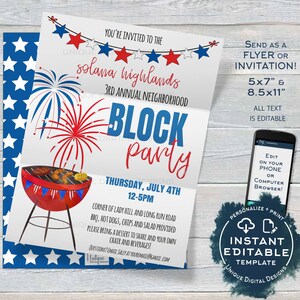 Editable Block Party Flyer, 4th of July Neighborhood Street Party Invite, Backyard Summer BBQ Grill Out, Printable Template INSTANT ACCESS