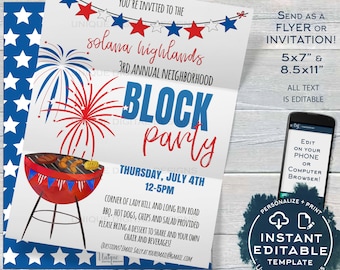 Editable Block Party Flyer, 4th of July Neighborhood Street Party Invite, Backyard Summer BBQ Grill Out, Printable Template INSTANT ACCESS