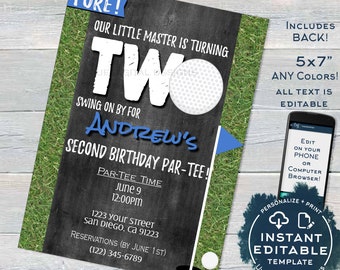 Golf Second Birthday Party Invitation, Editable Hole in Two Par-tee Invite, 2nd Kid Birthday Partee, Mini Golf Printable INSTANT ACCESS