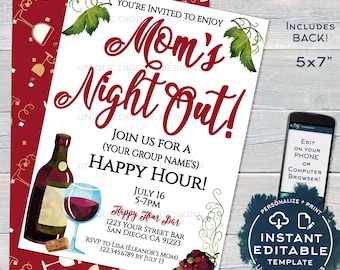 Bewerkbare Girl's Night Out uitnodiging, Cocktail Party uitnodiging, Moms Night In, Dames Wijn & Kaas Aangepaste afdrukbare sjabloon DIRECT TOEGANG