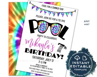 May include: A colorful tie-dye themed birthday party invitation for Mikayla's 7th birthday. The invitation features a pair of sunglasses with tie-dye lenses and the text "Pool Party to Celebrate Mikayla's 7th Birthday!"  The invitation also includes the date and time of the party, as well as the address and RSVP information.