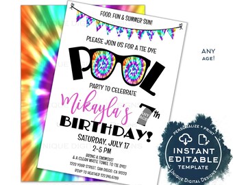 Editable Tie Dye Party Invitation Download, Summer Pool Party Invite, Rainbow 90s Girls Birthday Party, Any Age, Printable Template INSTANT