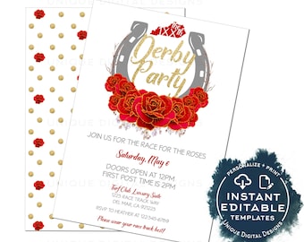 Editable Horse Derby Invitation, Horse Race for the Roses, Off to the Races Party Invite, Horseshoe Vintage Rose Crown, Printable INSTANT
