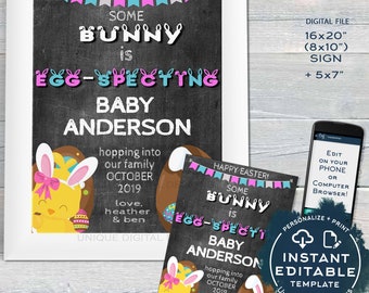 Easter Baby Pregnancy Announcement Sign, Editable Some Bunny is Egg-specting Baby Invite, Personalized Custom Printable INSTANT ACCESS