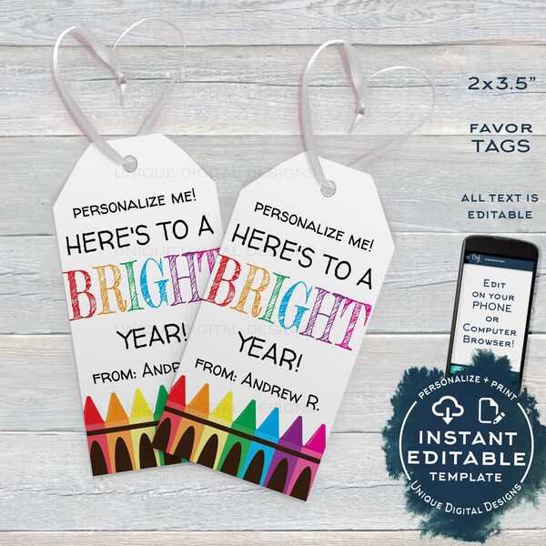 First Day Favor Tags for Teachers, Kids Editable Back to School Teacher Printable Gift Tag, Class Thank You Crayons Template INSTANT ACCESS