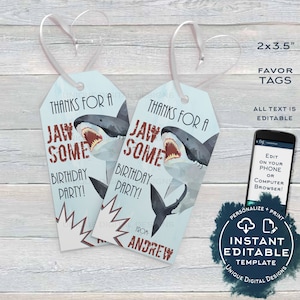 Editable Birthday Favor Tag, Shark Party Favor, Jawsome Thank You Favor Tag, Shark Week Birthday, Shark Bite Party Printable, INSTANT ACCESS