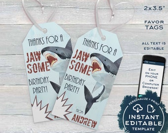 Editable Birthday Favor Tag, Shark Party Favor, Jawsome Thank You Favor Tag, Shark Week Birthday, Shark Bite Party Printable, INSTANT ACCESS