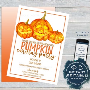 May include: An invitation to a pumpkin carving party with three jack-o'-lantern pumpkins. The invitation is for October 12th from 12:00-2:00 PM at The Patch, 1223 Your Street, San Diego, CA 91223. RSVP to Heather at (122) 345-6789. The invitation is customizable and editable.