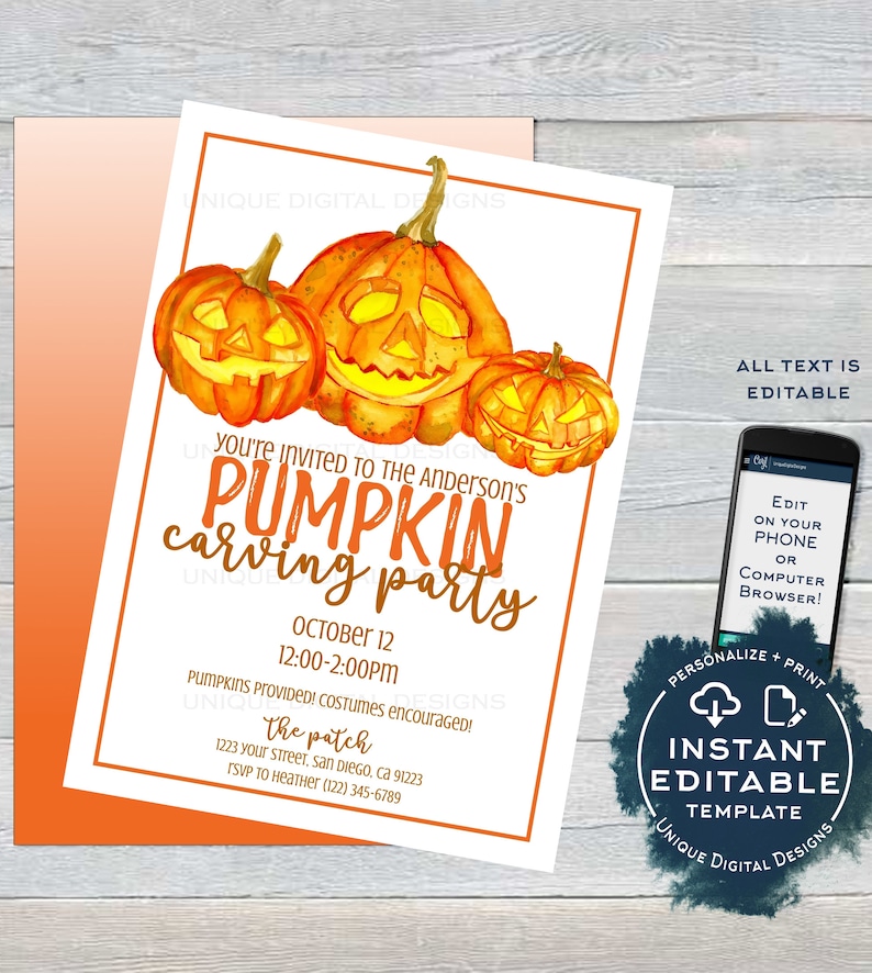 May include: An invitation to a pumpkin carving party with three jack-o'-lantern pumpkins. The invitation is for October 12th from 12:00-2:00 PM at The Patch, 1223 Your Street, San Diego, CA 91223. RSVP to Heather at (122) 345-6789. The invitation is customizable and editable.
