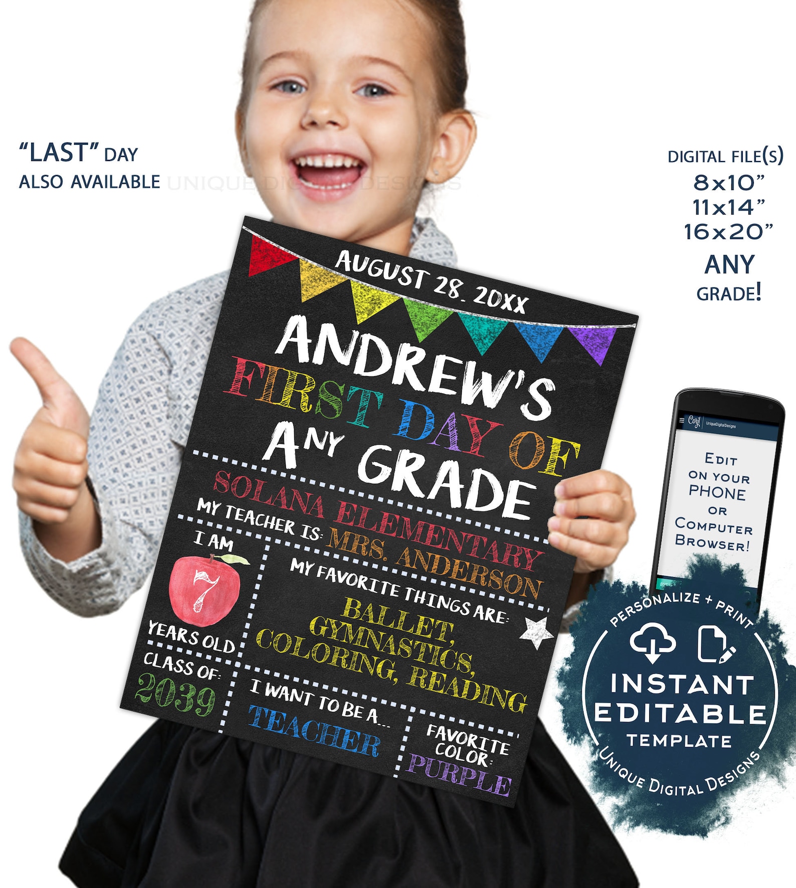 Editable Back to School Photo Prop, 1st Day Back to School Poster ...