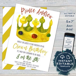 Crown Birthday Invitation, Editable Golden Birthday Invite, Turn Age of your Birthday, Boy Prince King, Template Printable INSTANT ACCESS