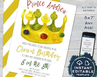 Crown Birthday Invitation, Editable Golden Birthday Invite, Turn Age of your Birthday, Boy Prince King, Template Printable INSTANT ACCESS