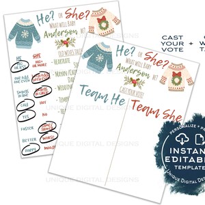 Editable Christmas Gender Reveal Signs, Ugly Christmas Sweater Old Wives Tales Cast Vote He or She Baby Boy or Girl Printable INSTANT ACCESS